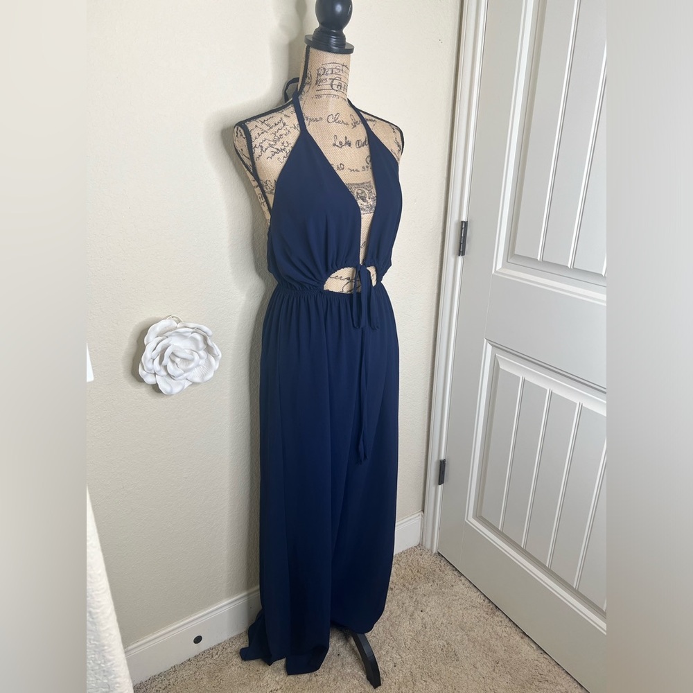 NTM: Tyche Navy Halter Cutout Wide-Leg Jumpsuit Flowy Boho Wear One-Piece Size L - Picture 7 of 16